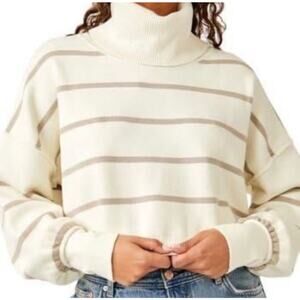 Free People Cream Striped Cropped Cowl Neck Sweater Size XS